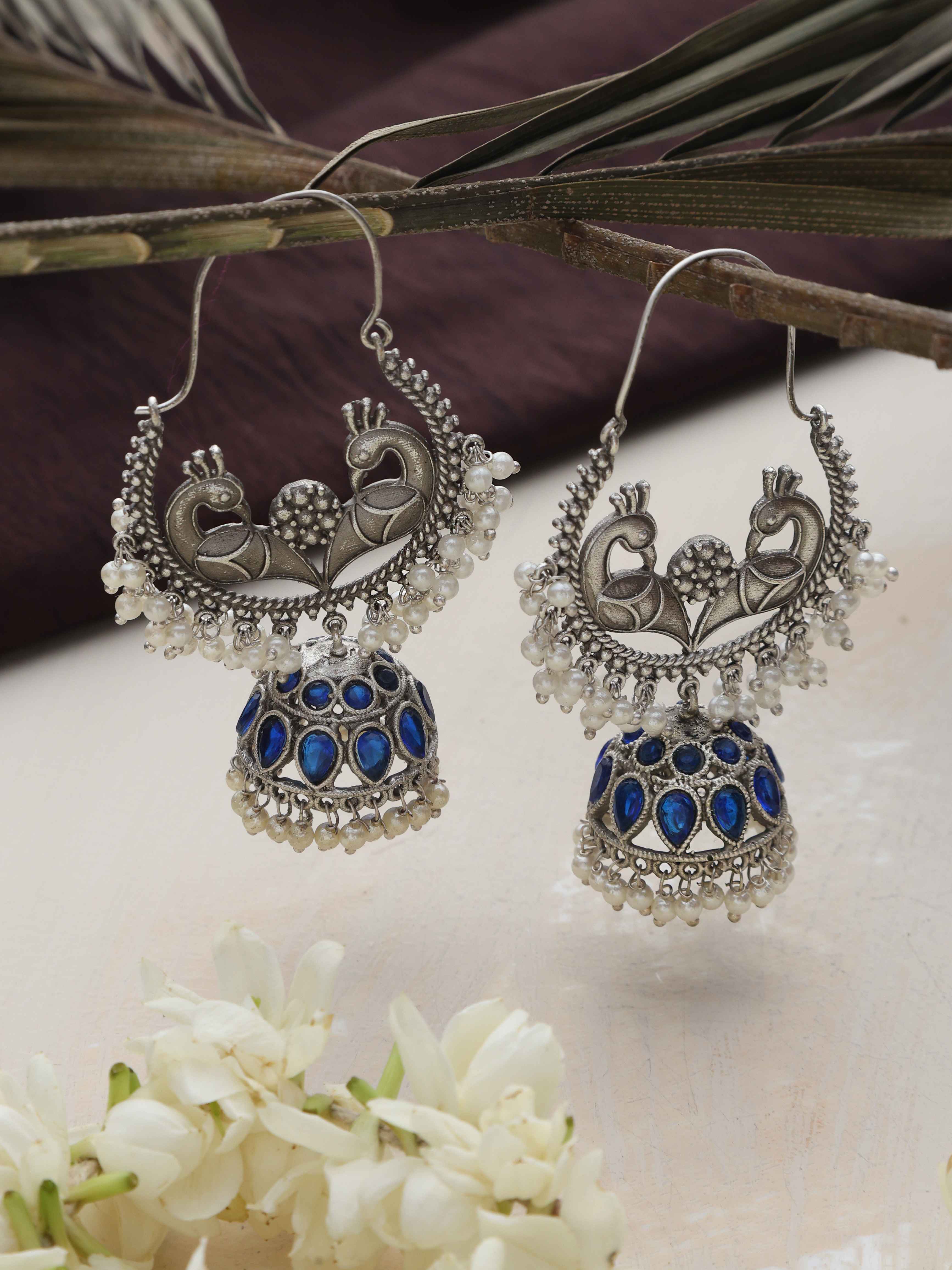 trueBrowns Silver Tone Peacock Jhumka Earrings | True Browns