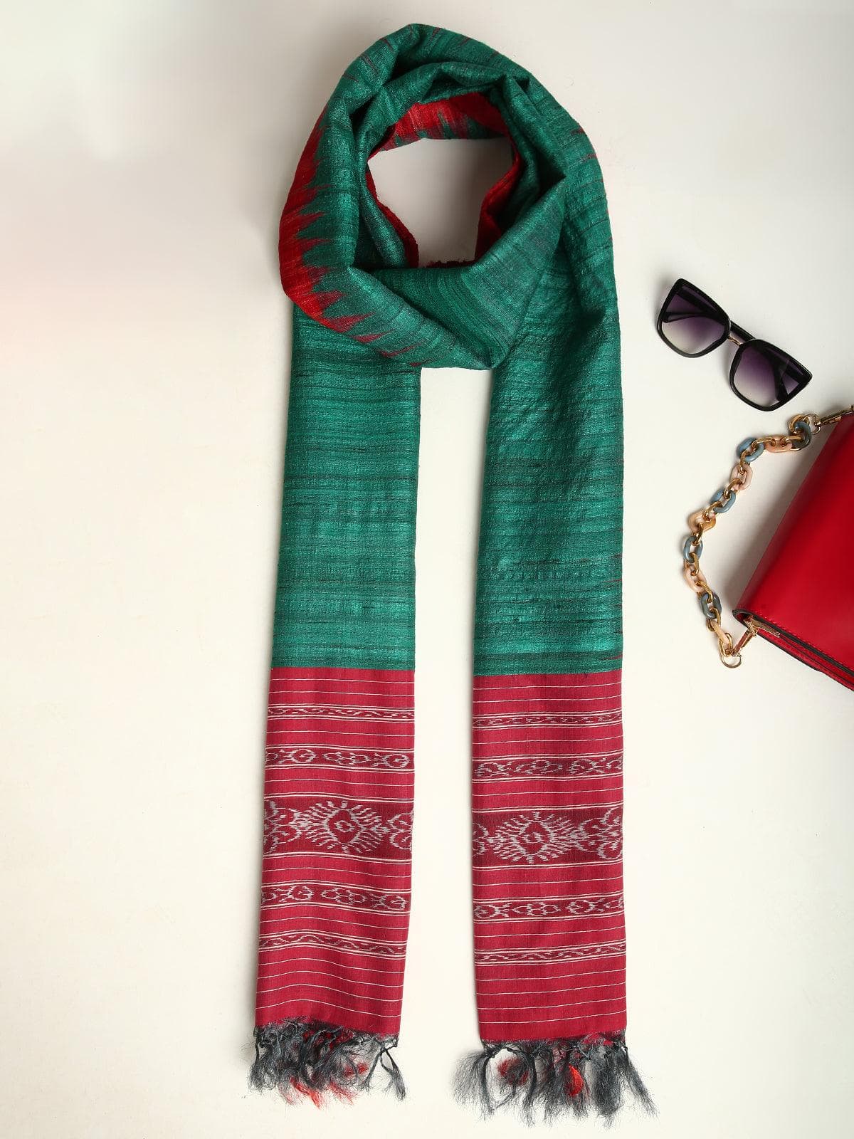 Green and Red Handwoven Pure Tussar Silk and Ghicha Stole | True Browns