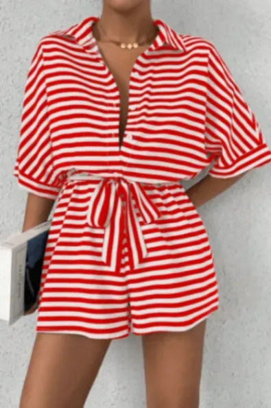 Red Striped Tieup Buttoned Playsuit | Newme Red Striped Tieup Buttoned Playsuit | Newme