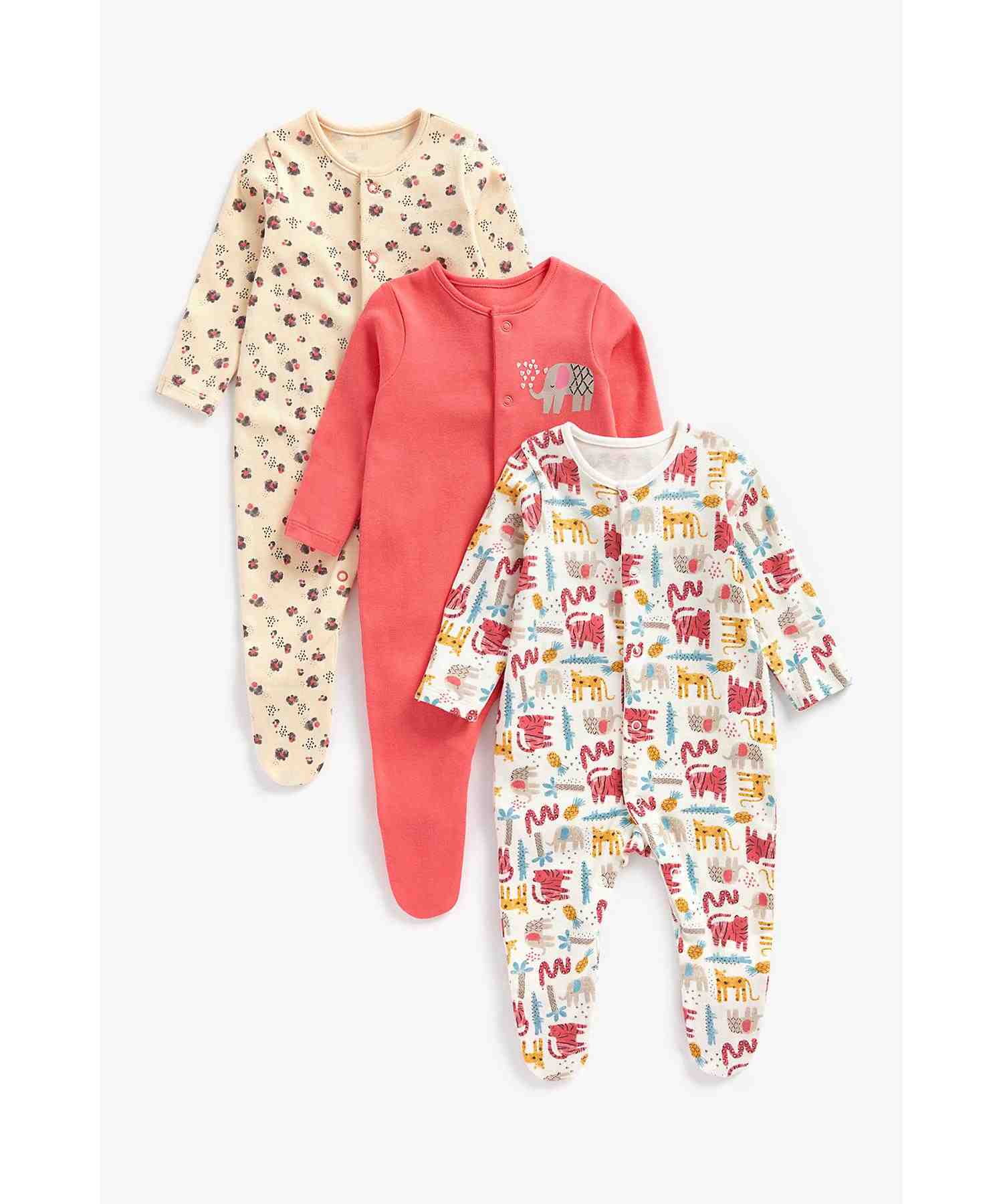 Mothercare Girls 100% Cotton Full Sleeves Sleepsuits - Pack of 3 - Multi - Mothercare Mothercare Girls 100% Cotton Full Sleeves Sleepsuits - Pack of 3 - Multi - Mothercare