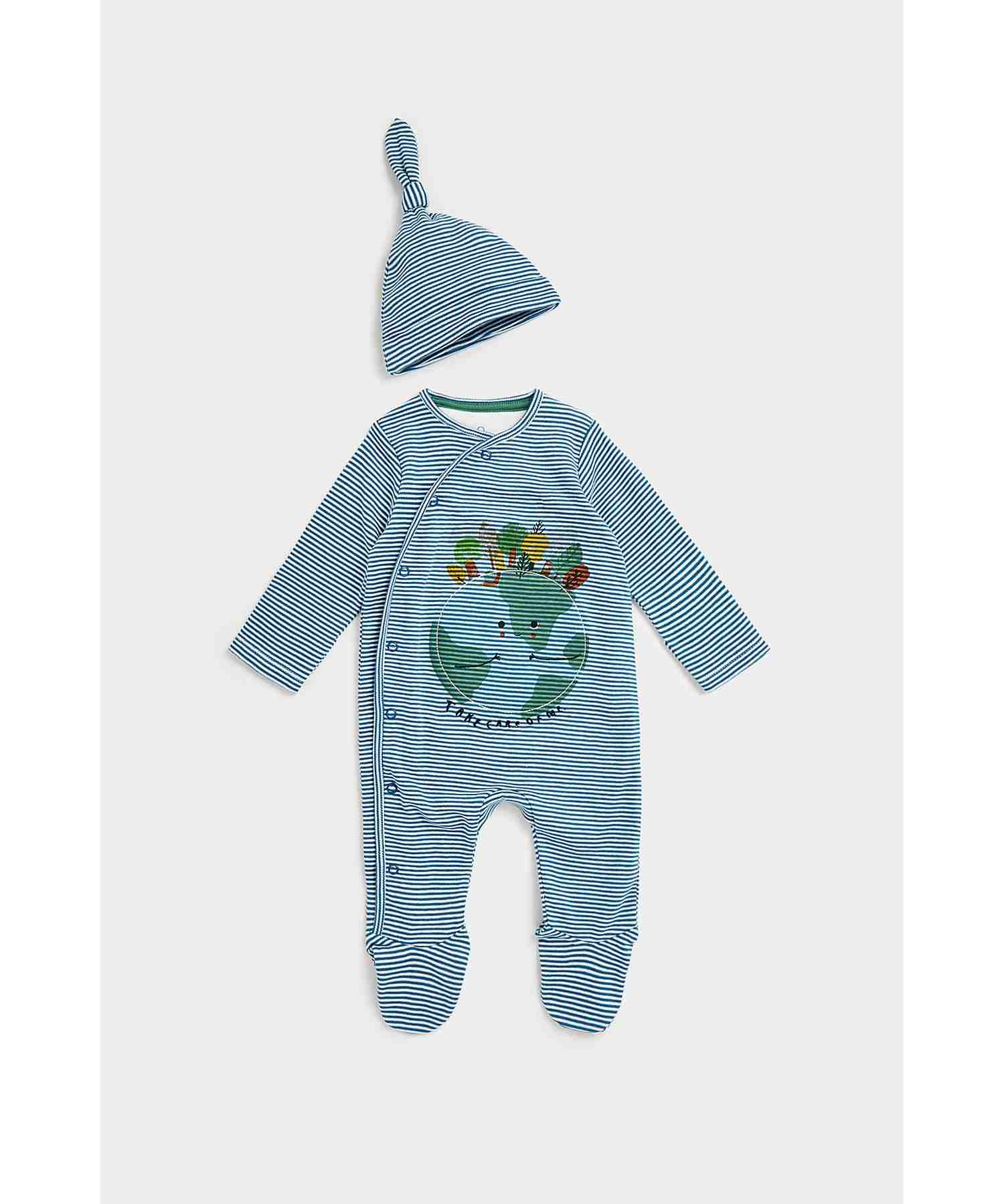 Mothercare Boys 100% Cotton Self Design SleeepSuit with a Hat - Blue - Mothercare Mothercare Boys 100% Cotton Self Design SleeepSuit with a Hat - Blue - Mothercare