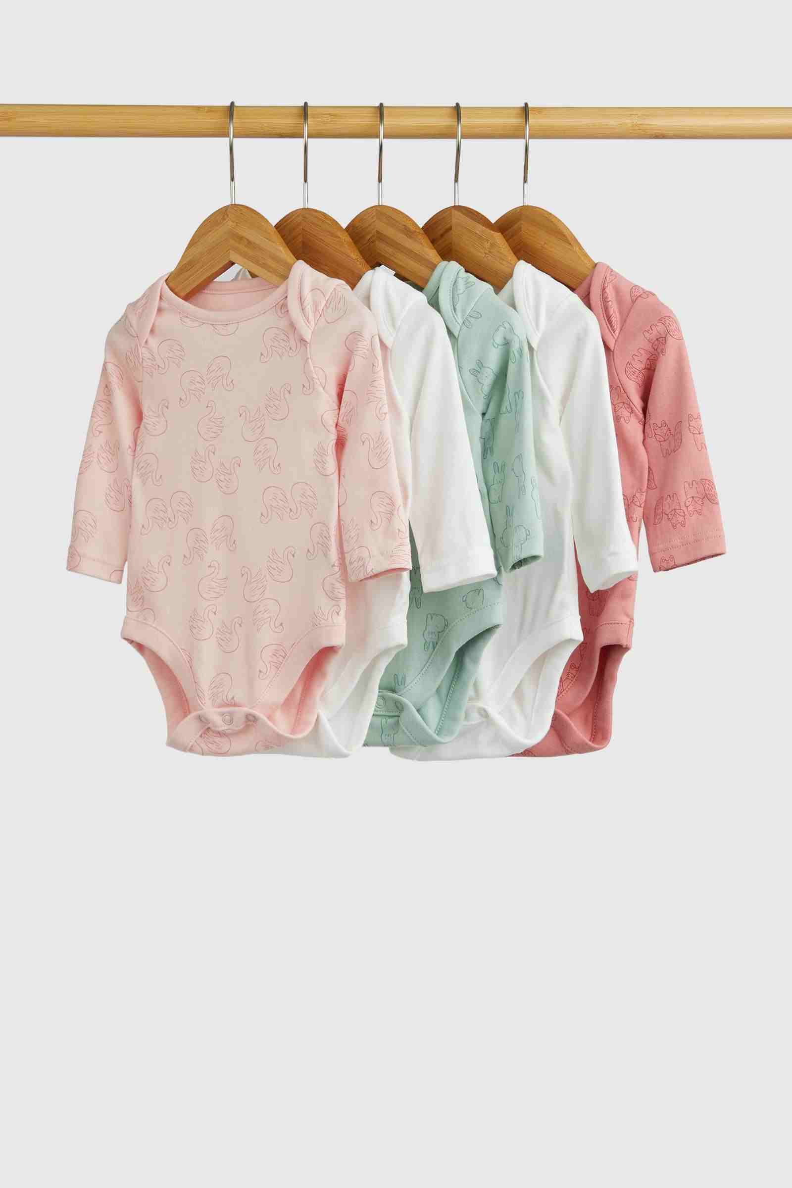 Mothercare Essentials Girls Swan, Fox and Bunny 100% Cotton Long - Sleeves Bodysuits - Pack of 5 - Pink - Mothercare Mothercare Essentials Girls Swan, Fox and Bunny 100% Cotton Long - Sleeves Bodysuits - Pack of 5 - Pink - Mothercare