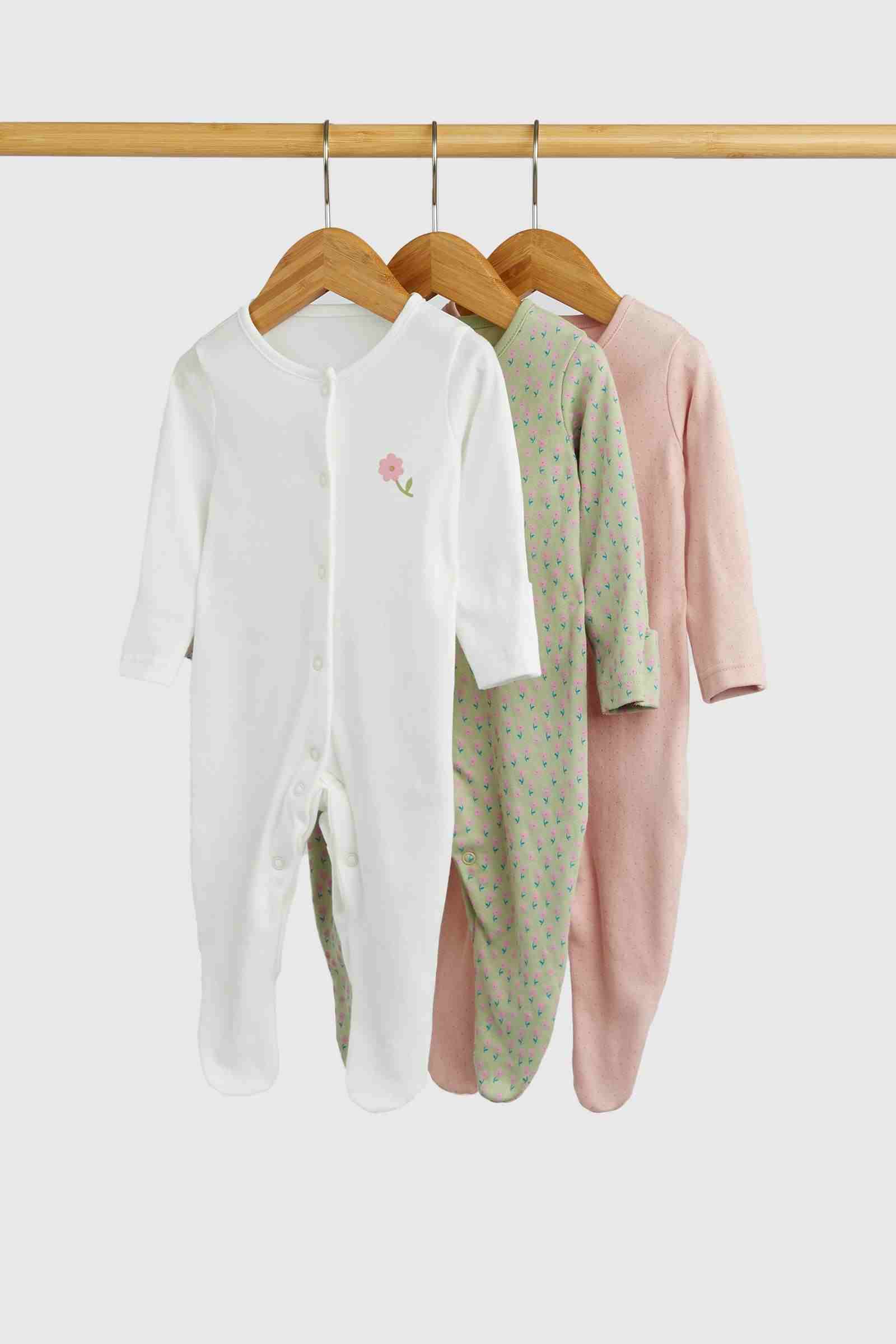 Mothercare Essentials Girls Floral 100% Cotton Long Sleeves Baby Sleepsuits - Pack of 3 - White - Mothercare Mothercare Essentials Girls Floral 100% Cotton Long Sleeves Baby Sleepsuits - Pack of 3 - White - Mothercare
