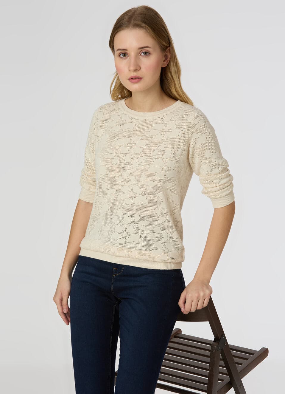 Women Ecru Jacquard Textured With 3/4 Sleeve Flat Knit | Pepejeans Women Ecru Jacquard Textured With 3/4 Sleeve Flat Knit | Pepejeans