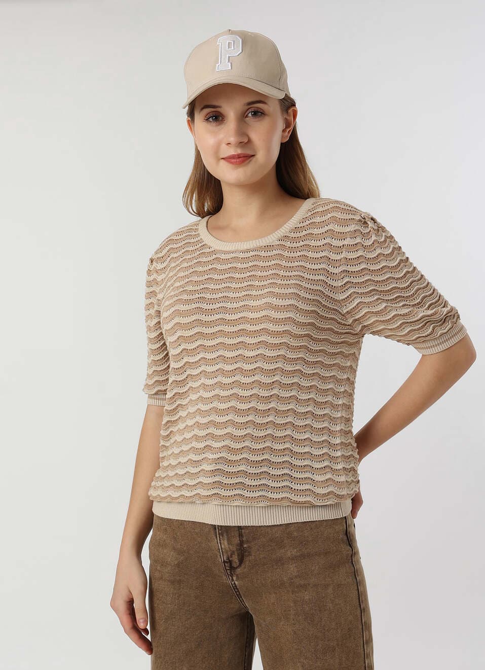 Women Beige Textured Stripe Knit Short Sleeve Flat Knit | Pepejeans Women Beige Textured Stripe Knit Short Sleeve Flat Knit | Pepejeans