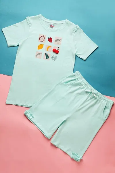 100% Cotton - Tweens Top & Shorts Set in Fruit Print - Sky Blue | Clovia 100% Cotton - Tweens Top & Shorts Set in Fruit Print - Sky Blue | Clovia