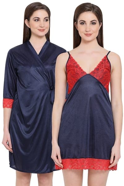 Short Nighty & Robe Set in Navy Blue - Satin | Clovia Short Nighty & Robe Set in Navy Blue - Satin | Clovia