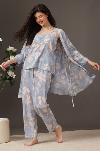 3 Pc Floral Set in Light Blue - Cami Top, Pyjama & Robe - Satin 3 Pc Floral Set in Light Blue - Cami Top, Pyjama & Robe - Satin