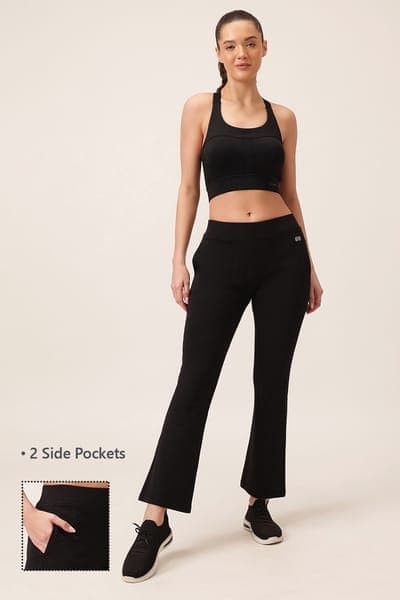 Comfort Fit High-Waist Flared Yoga Pants in Black with Side Pockets Comfort Fit High-Waist Flared Yoga Pants in Black with Side Pockets