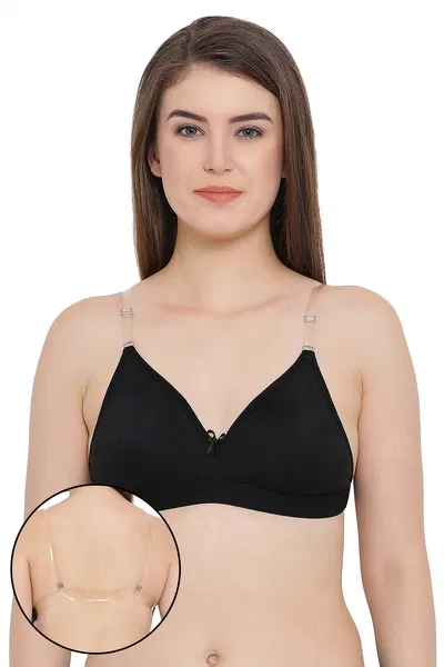 Buy Invisi Non-Padded Non-Wired Full Coverage Multiway Strapless T-shirt Bra in Black with Transparent Straps & Band - Cotton Rich Online - Clovia | Clovia Buy Invisi Non-Padded Non-Wired Full Coverage Multiway Strapless T-shirt Bra in Black with Transparent Straps & Band - Cotton Rich Online - Clovia | Clovia
