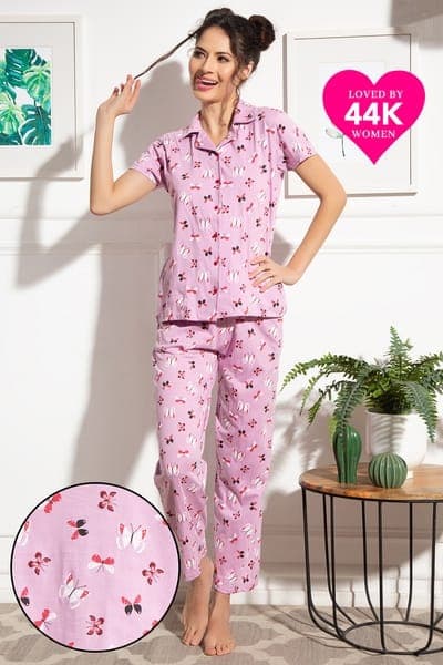Buy Butterfly Button Down Night Suit in Light Purple - 100% Cotton Online - Clovia Buy Butterfly Button Down Night Suit in Light Purple - 100% Cotton Online - Clovia