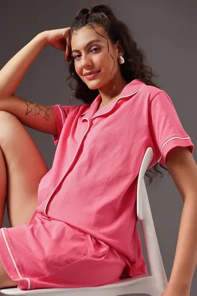 Button-Down Shirt & Shorts Set in Pink - 100% Cotton | Clovia Button-Down Shirt & Shorts Set in Pink - 100% Cotton | Clovia