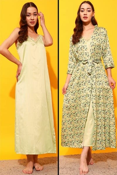 2 Pc Set in Mint Green - Long Night Dress & Floral Print Robe - Satin 2 Pc Set in Mint Green - Long Night Dress & Floral Print Robe - Satin