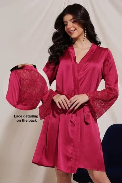 Chic Basic Robe in Hot Pink - Satin & Lace | Clovia Chic Basic Robe in Hot Pink - Satin & Lace | Clovia