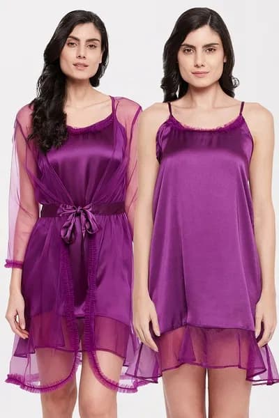 Chic Basic Short Nighty & Robe Set in Purple - Satin | Clovia Chic Basic Short Nighty & Robe Set in Purple - Satin | Clovia