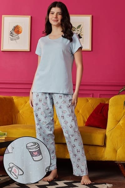 Chic Basic Top & Printed Pyjama Set in Sky Blue - 100 % Cotton | Clovia Chic Basic Top & Printed Pyjama Set in Sky Blue - 100 % Cotton | Clovia