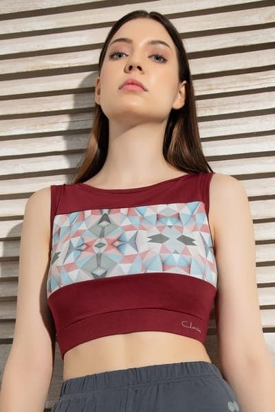Buy Comfort-Fit Active Geometric Print Crop Top in Maroon Online - Clovia Buy Comfort-Fit Active Geometric Print Crop Top in Maroon Online - Clovia