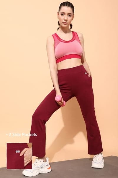 Comfort Fit High-Rise Flared Yoga Pants in Maroon with Side Pockets Comfort Fit High-Rise Flared Yoga Pants in Maroon with Side Pockets
