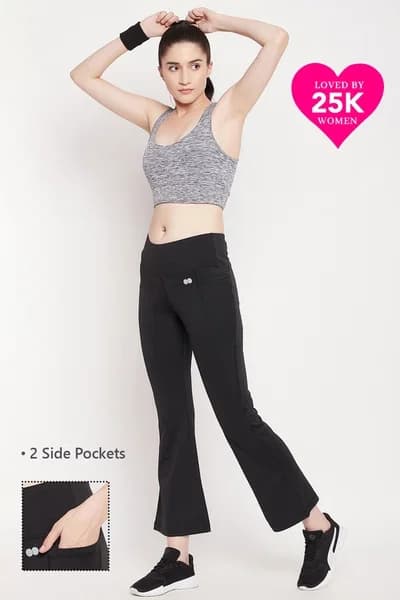 High Waist Flared Yoga Pants in Black with Side Pockets | Clovia High Waist Flared Yoga Pants in Black with Side Pockets | Clovia
