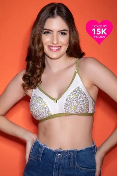 Non-Padded Non-Wired Printed Full Coverage Bra In White - Cotton | Clovia Non-Padded Non-Wired Printed Full Coverage Bra In White - Cotton | Clovia