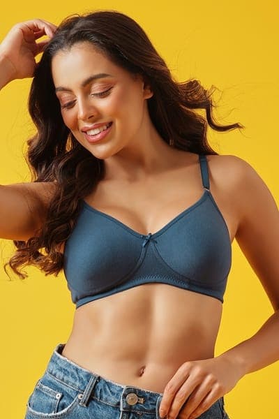 Non-Padded Non-Wired Full Coverage T-Shirt Bra in Navy Blue - Cotton Rich | Clovia Non-Padded Non-Wired Full Coverage T-Shirt Bra in Navy Blue - Cotton Rich | Clovia