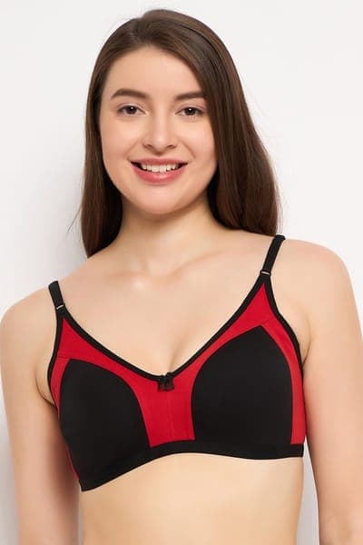 M-azing Non-Padded Non-Wired Colourblocked Full Coverage Bra In Black & Red - Cotton M-azing Non-Padded Non-Wired Colourblocked Full Coverage Bra In Black & Red - Cotton
