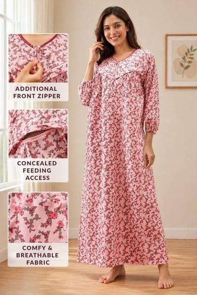 Buy Print Me Pretty Feeding Long Nighty in Light Pink - 100% Cotton Online - Clovia Buy Print Me Pretty Feeding Long Nighty in Light Pink - 100% Cotton Online - Clovia