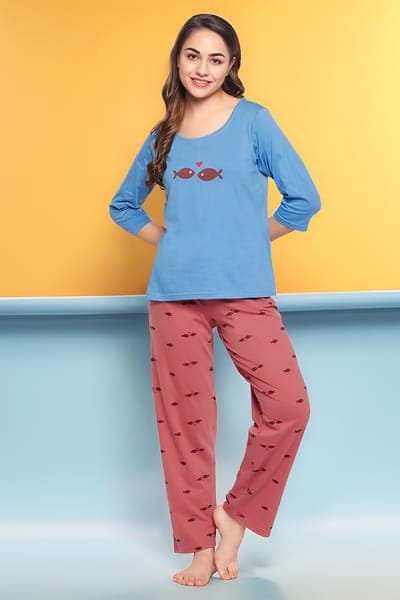 Fish Print Top in Sky Blue & Pyjama in Brick Red- 100% Cotton | Clovia Fish Print Top in Sky Blue & Pyjama in Brick Red- 100% Cotton | Clovia