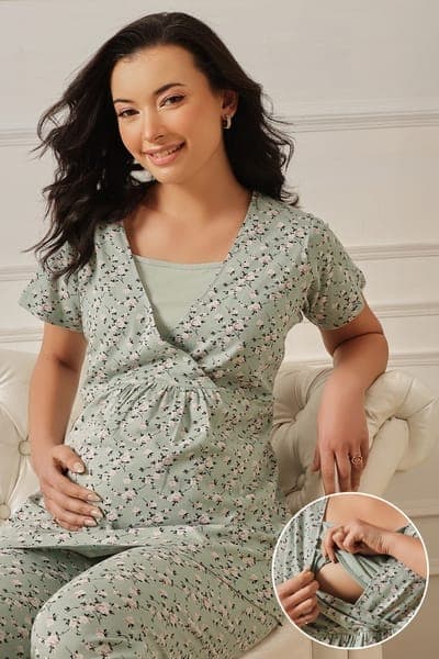 Floral Print Feeding Top & Pyjama Set in Light Green - 100% Cotton Floral Print Feeding Top & Pyjama Set in Light Green - 100% Cotton