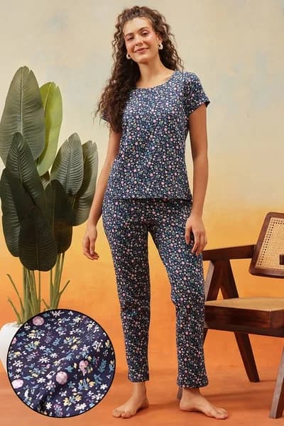 Floral Print T-shirt & Pyjama Set in Navy Colour - 100% Cotton | Clovia Floral Print T-shirt & Pyjama Set in Navy Colour - 100% Cotton | Clovia