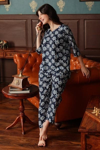 Floral Print Top & Pyjama Set in Navy Colour - Rayon | Clovia Floral Print Top & Pyjama Set in Navy Colour - Rayon | Clovia