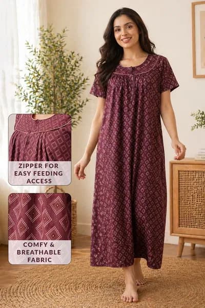 Geometric Print Long Nighty in Maroon - Cotton | Clovia Geometric Print Long Nighty in Maroon - Cotton | Clovia