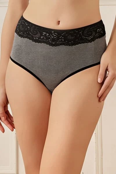 High Waist Hipster Panty with Lace Waist in Charcoal Black - Cotton | Clovia High Waist Hipster Panty with Lace Waist in Charcoal Black - Cotton | Clovia