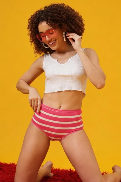 Retro Striped High Waist Hipster in Bubblegum Colour - Cotton | Clovia Retro Striped High Waist Hipster in Bubblegum Colour - Cotton | Clovia