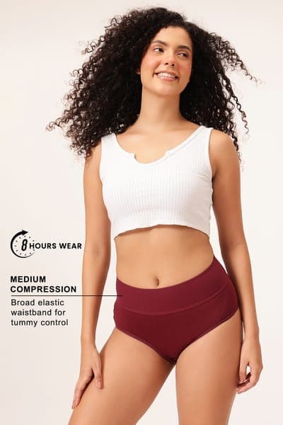 High Waist Tummy Tucker Hipster Panty in Maroon - Cotton High Waist Tummy Tucker Hipster Panty in Maroon - Cotton