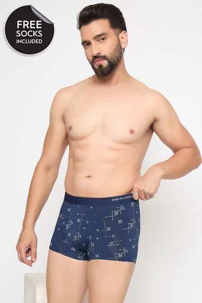 John Players Geometric Print Trunk in Navy Colour - Modal | Clovia John Players Geometric Print Trunk in Navy Colour - Modal | Clovia