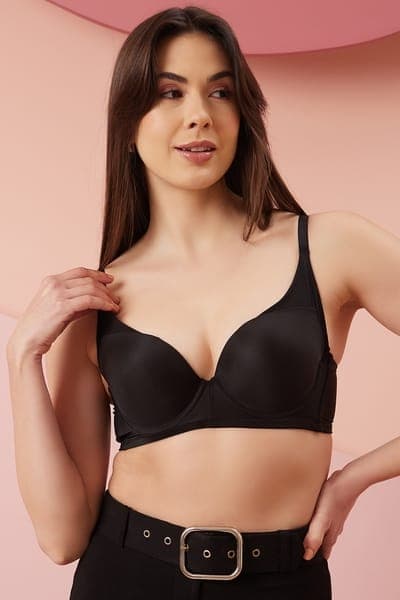 Level 2 Push-Up Padded Underwired Demi Cup Multiway T-shirt Bra in Black | Clovia Level 2 Push-Up Padded Underwired Demi Cup Multiway T-shirt Bra in Black | Clovia