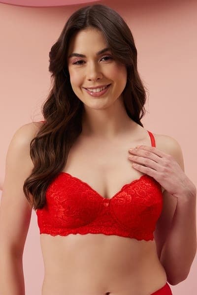Lightly Padded Non-Wired Full Coverage Bridal Bra in Red - Lace Lightly Padded Non-Wired Full Coverage Bridal Bra in Red - Lace