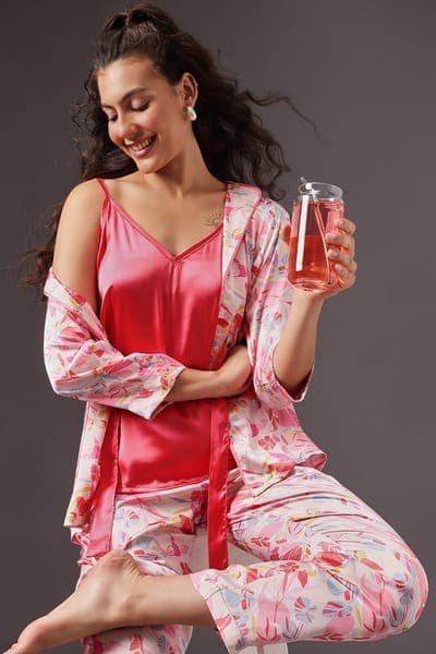 3 Pc Set in Multicolour - Cami Top, Pyjama & Robe - Satin 3 Pc Set in Multicolour - Cami Top, Pyjama & Robe - Satin