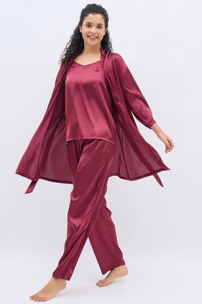 3 Pc Nightwear Set in Maroon - Satin 3 Pc Nightwear Set in Maroon - Satin
