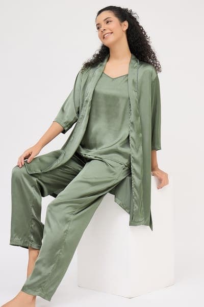 3 Pc Set in Sage Green - Cami Top, Pyjama & Robe - Satin 3 Pc Set in Sage Green - Cami Top, Pyjama & Robe - Satin