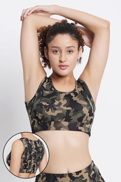 Medium Impact Padded Camouflage Print Active Sports Bra in Green Medium Impact Padded Camouflage Print Active Sports Bra in Green