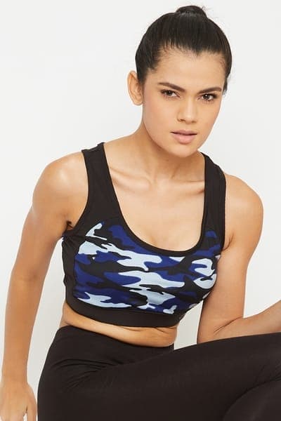 Medium Impact Padded Camouflage Print Racerback Sports Bra in Blue | Clovia Medium Impact Padded Camouflage Print Racerback Sports Bra in Blue | Clovia