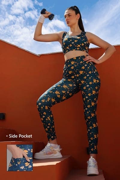 Medium Impact Padded Floral Print Sports Bra & Snug Fit High-Rise Floral Print Tights in Navy Medium Impact Padded Floral Print Sports Bra & Snug Fit High-Rise Floral Print Tights in Navy
