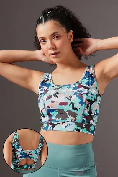 Medium Impact Padded Camouflage Print Sports Bra in Blue with Removable Cups | Clovia Medium Impact Padded Camouflage Print Sports Bra in Blue with Removable Cups | Clovia