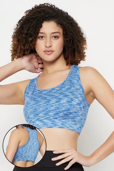 Medium Impact Padded Racerback Active Sports Bra in Baby Blue Melange Medium Impact Padded Racerback Active Sports Bra in Baby Blue Melange