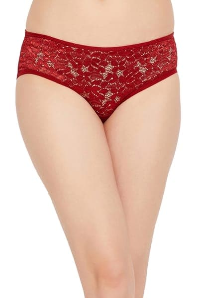 Mid Waist Hipster Panty in Maroon with Sheer Back - Lace Mid Waist Hipster Panty in Maroon with Sheer Back - Lace