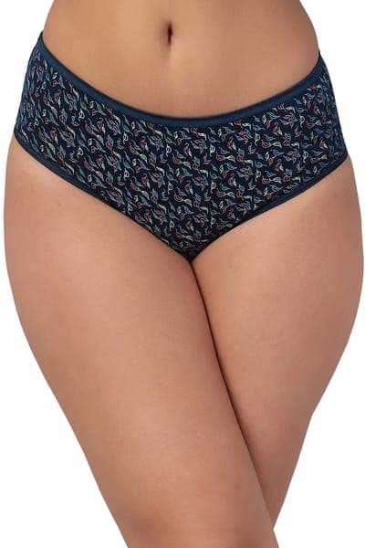 Leaf Print Mid Waist Hipster Panty in Navy Colour - Cotton | Clovia Leaf Print Mid Waist Hipster Panty in Navy Colour - Cotton | Clovia