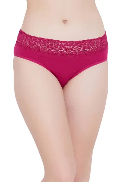 Mid Waist Hipster Panty with Lace Waist in Dark Pink- Cotton & Lace | Clovia Mid Waist Hipster Panty with Lace Waist in Dark Pink- Cotton & Lace | Clovia