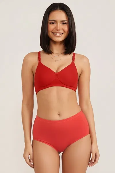 Non-Padded Non-Wired Full Coverage T-shirt Bra & High Waist Hipster Panty in Red - Cotton | Clovia Non-Padded Non-Wired Full Coverage T-shirt Bra & High Waist Hipster Panty in Red - Cotton | Clovia